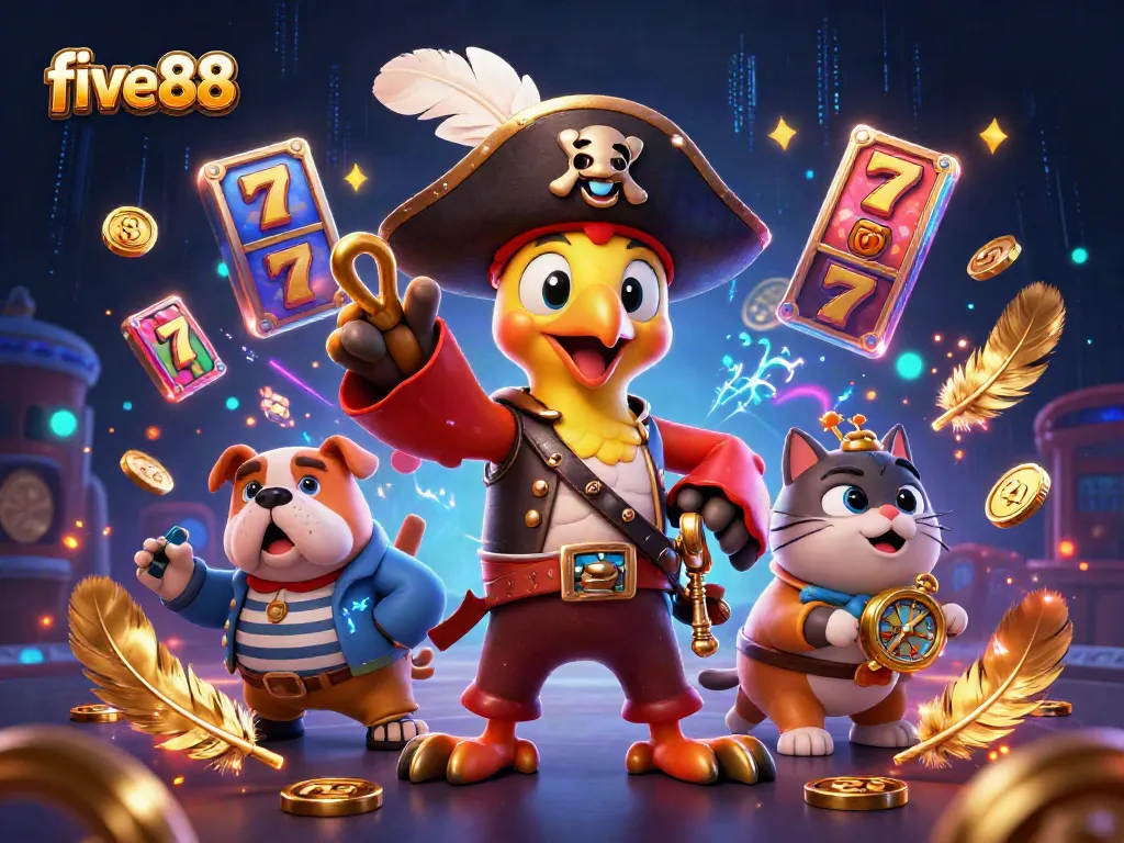 Engage in thrilling gameplay at five88 with vibrant slots and animated characters in a dazzling casino environment.
