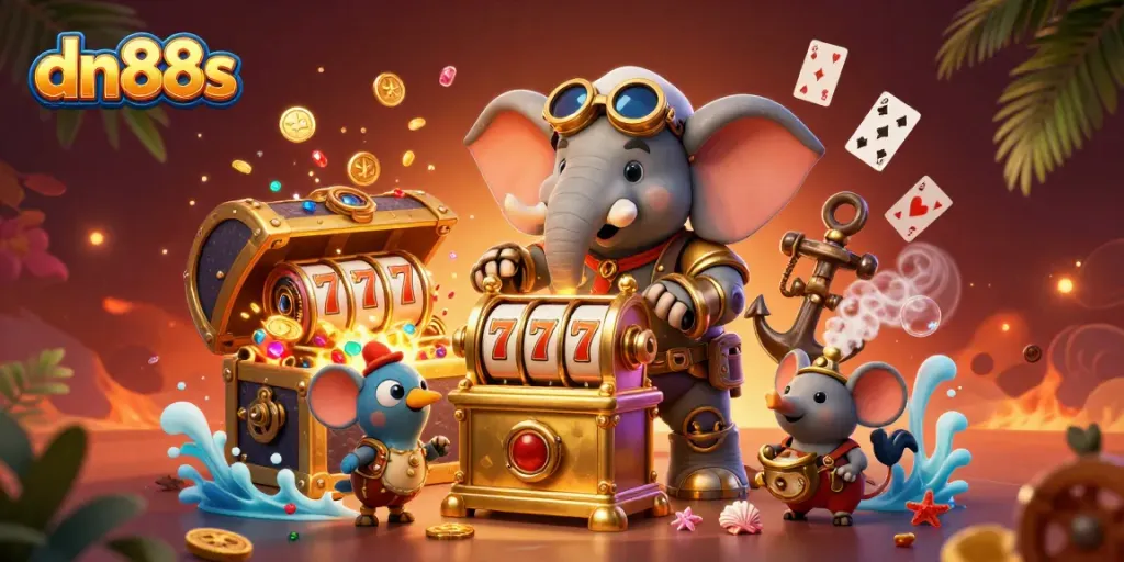Spin to win with the dn88s slot machine, featuring a steampunk elephant and vivid casino elements.