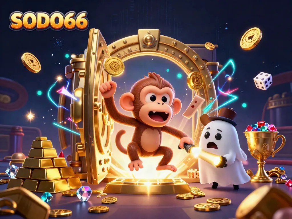 Experience the magical excitement of SODO66 as a playful monkey juggles gold in a haunted casino.