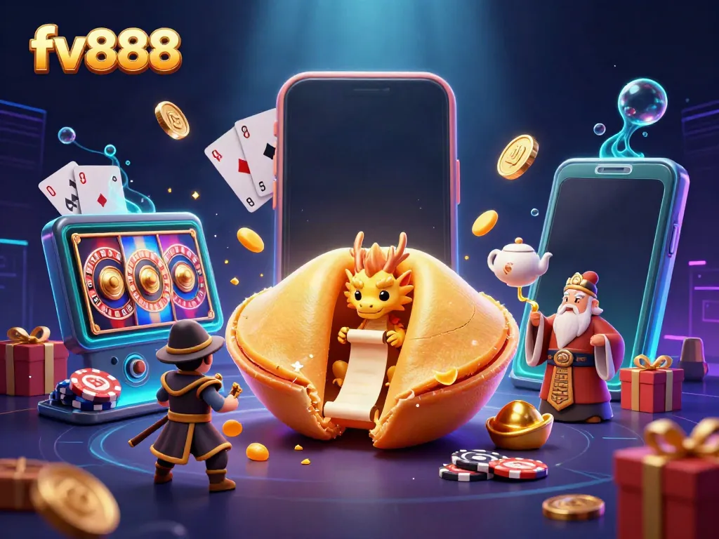 Experience the vibrant world of fv888 with a visually stunning 3D casino scene featuring exciting game elements.