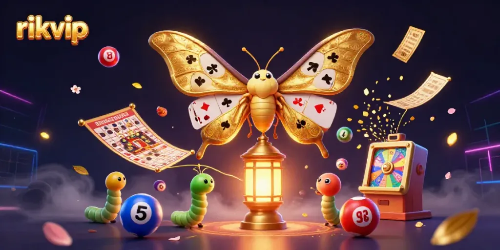 Experience the vibrant world of rikvip with a golden atlas moth, colorful lottery elements, and rich casino motifs.