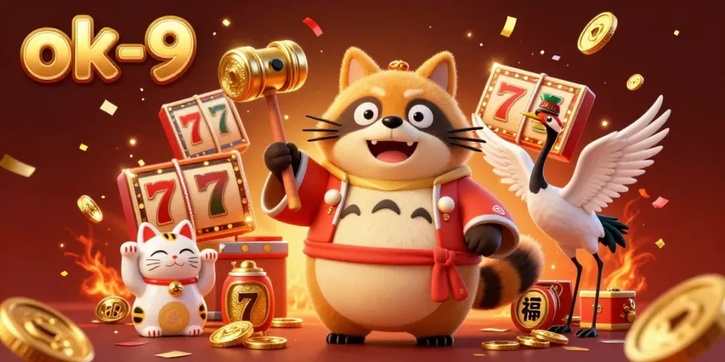 Experience the thrill at ok-9 with a cheerful tanuki celebrating winning jackpots and fortune.