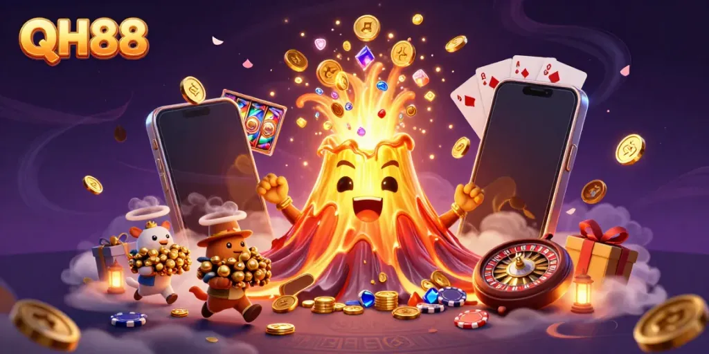 QH88 casino scene showing a triumphant volcano, treasure-exploring animals, and vibrant gaming elements