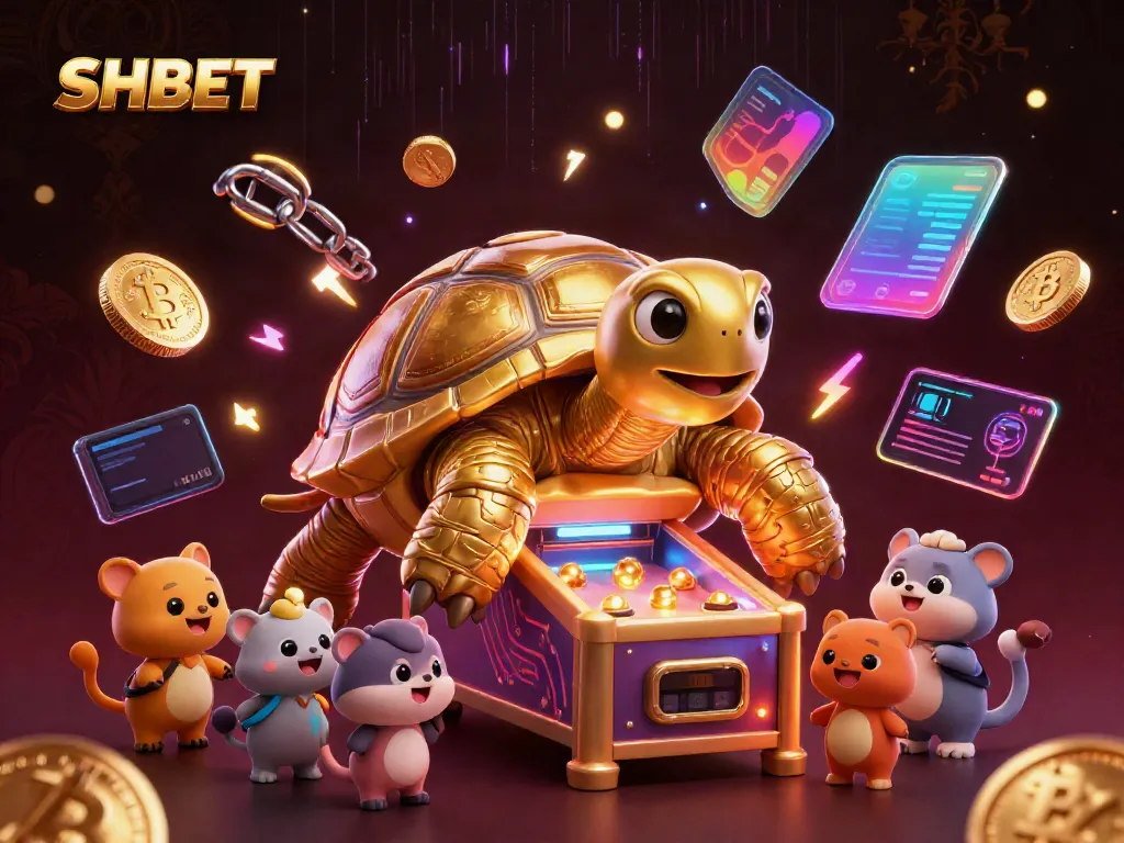 Engage in the vibrant world of SHBET with a dynamic 3D casino scene featuring a golden tortoise pinball machine.