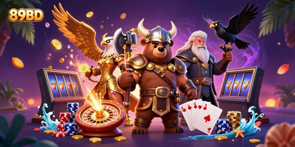 Experience thrilling gameplay at 89BD with vibrant casino characters and dynamic game symbols.