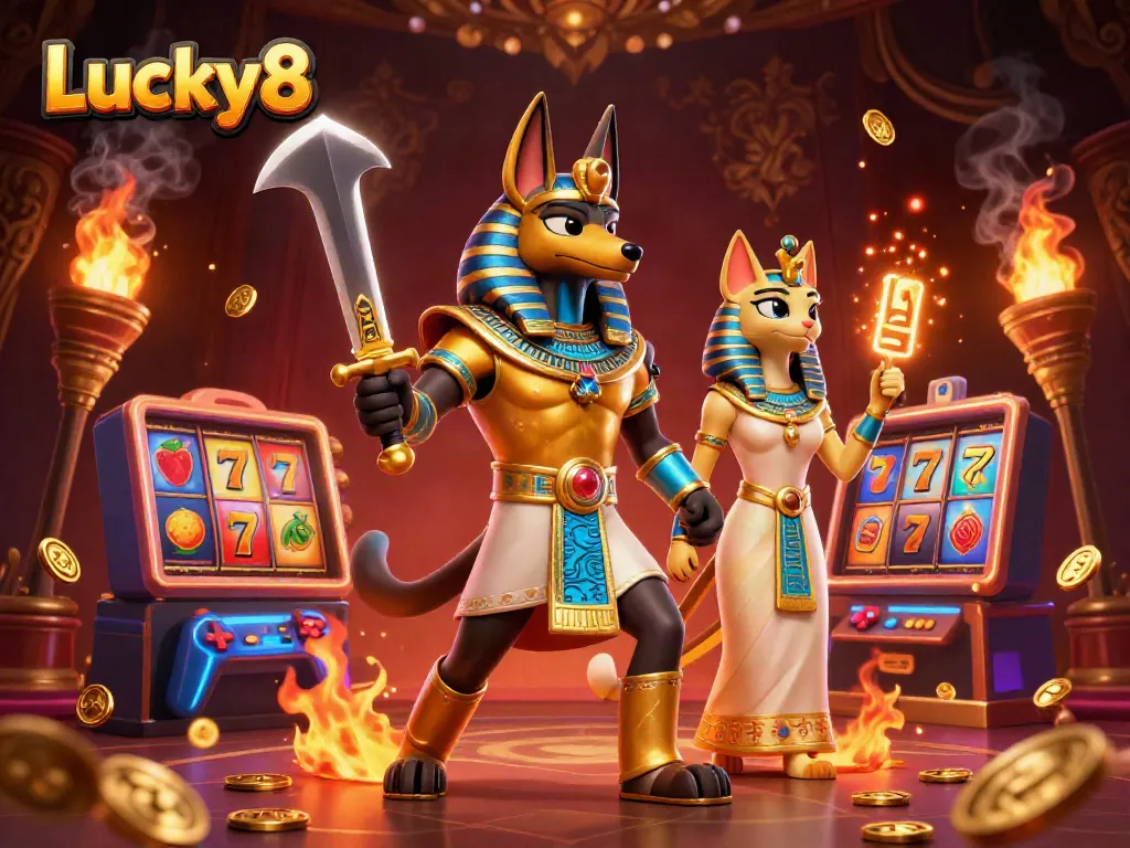 Engage in thrilling 'Lucky8' spins with Anubis wielding his sword amidst colorful slot machines.