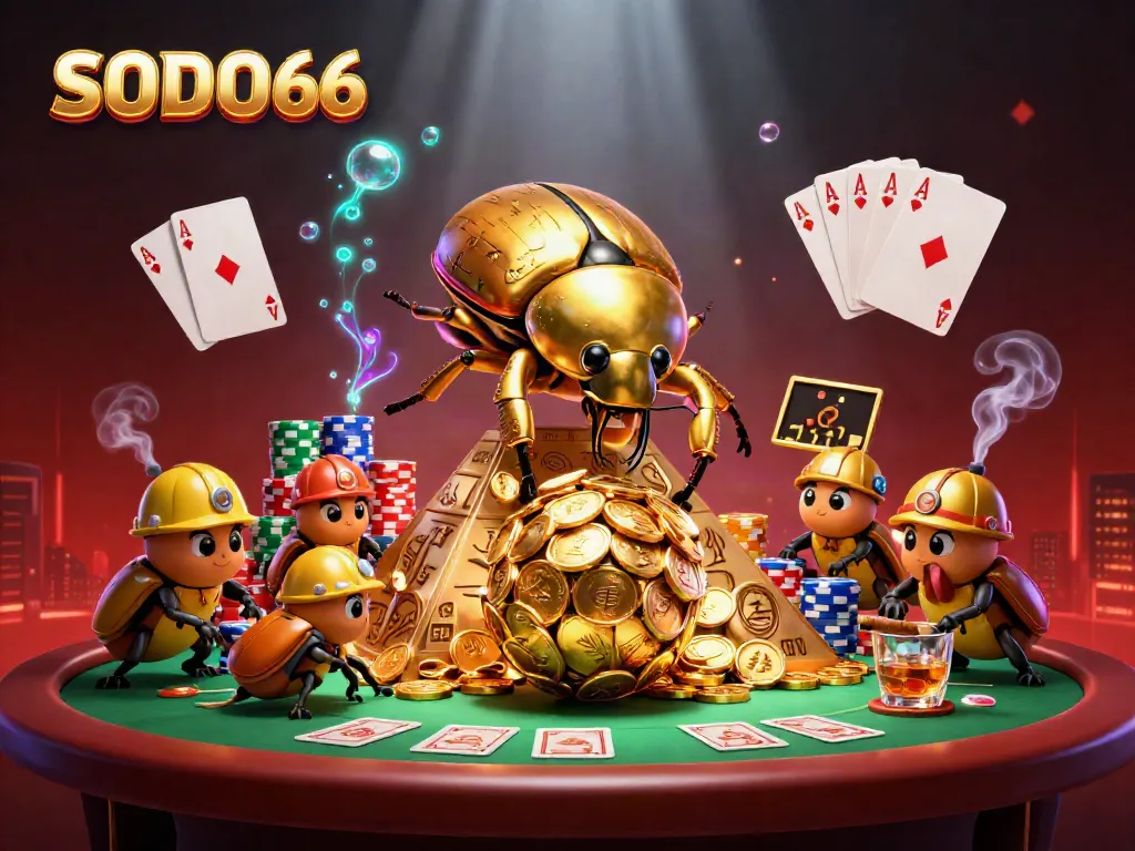 SODO66 gambling scene featuring beetles rolling golden coin ball, poker and casino elements