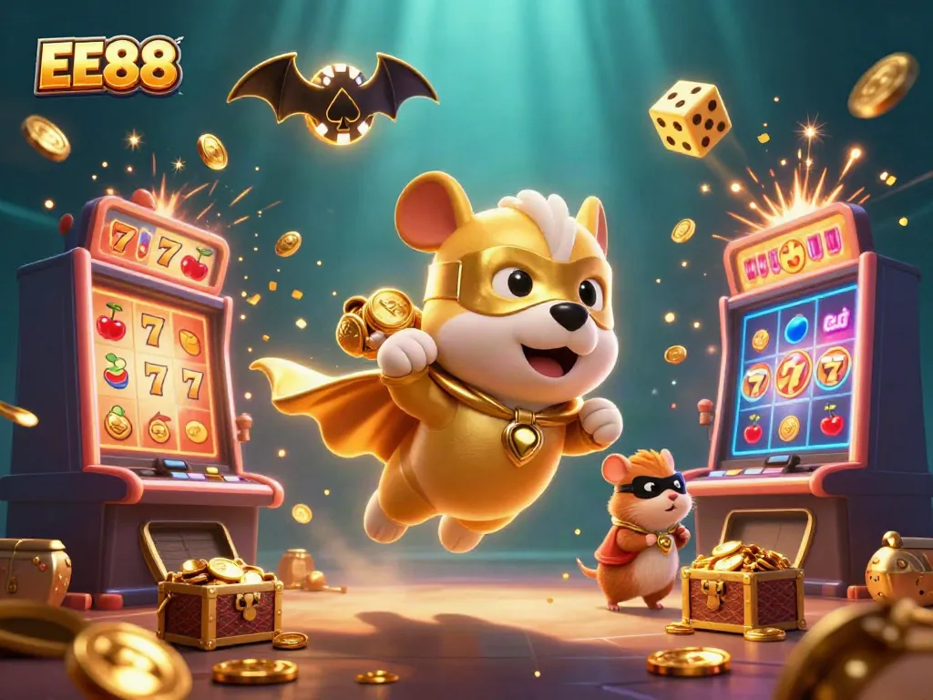 Experience thrilling games at EE88, featuring an exciting cartoon scene with vibrant casino elements.