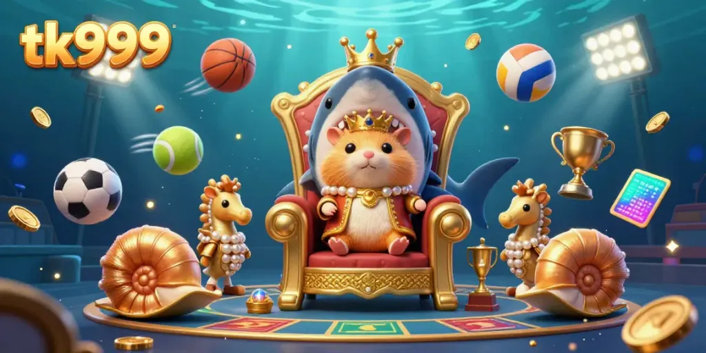 Experience tk999's vibrant sports betting scene with a hamster king surrounded by action-filled games.