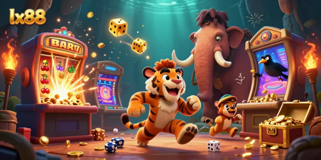 Experience thrilling casino action with lx88 featuring cartoon characters, slot machines, and golden treasures.