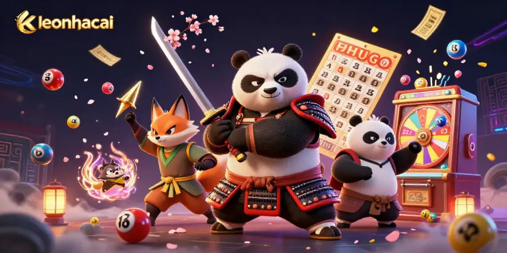 Exciting keonhacai scene with samurai panda and ninja fox amidst vibrant gaming elements.