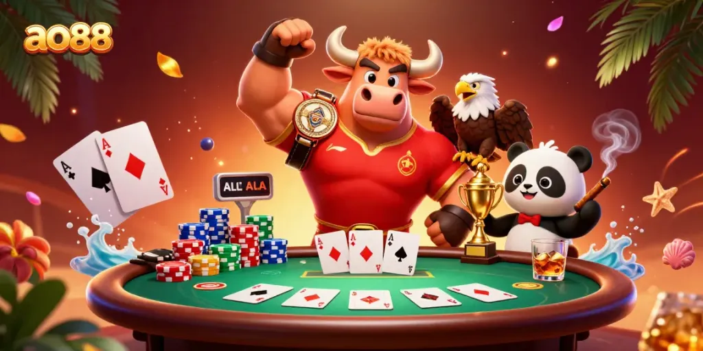 Celebrate victory in ao88 with a dynamic poker scene featuring a bull, eagle, and panda.