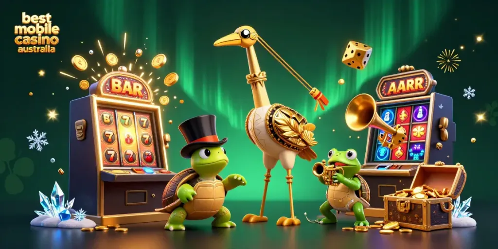 Experience the best mobile casino Australia with vibrant 3D characters and game elements exploding around a lucky atmosphere.