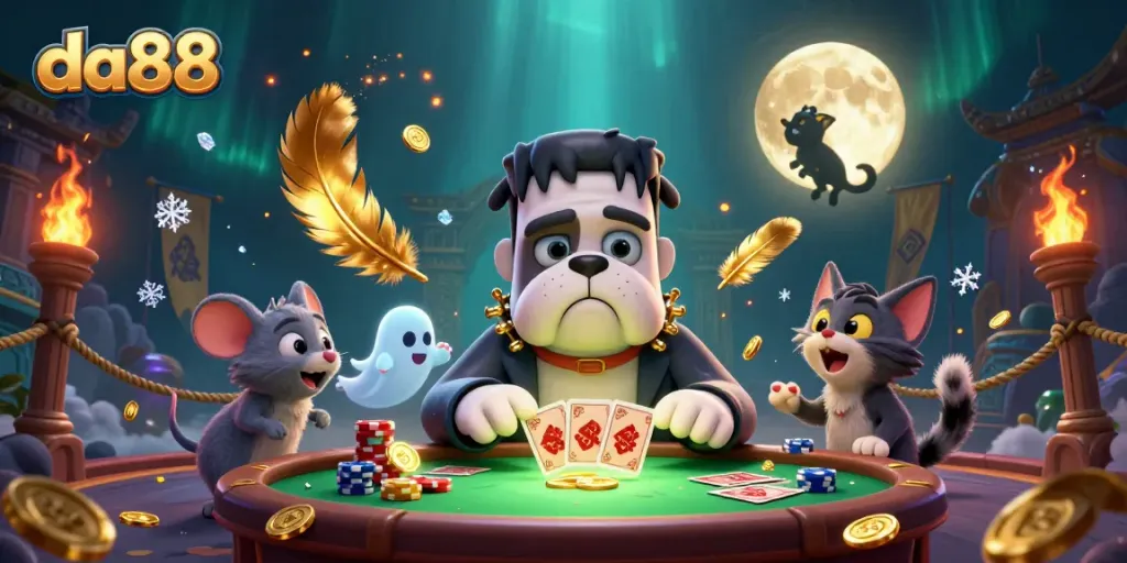 Engage with da88's thrilling casino scene featuring a bulldog monster, ghost mouse, and werewolf kitten.