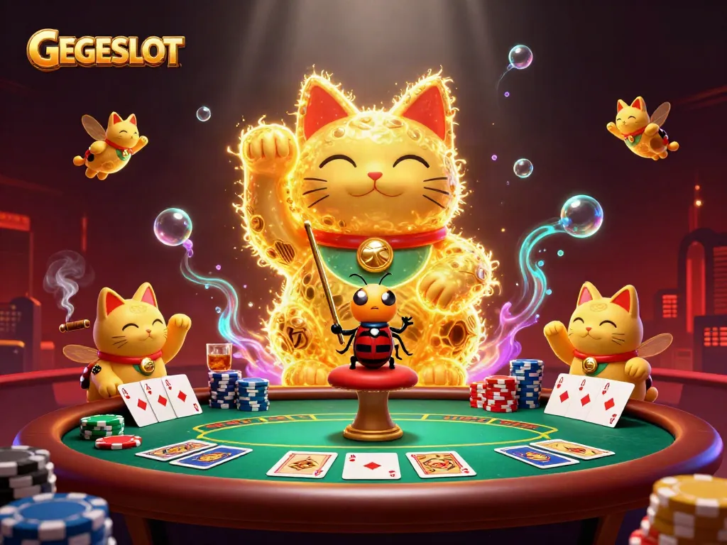 Experience GEGESLOT’s enchanting world with vibrant golden fireflies forming casino symbols amidst a lively poker scene.