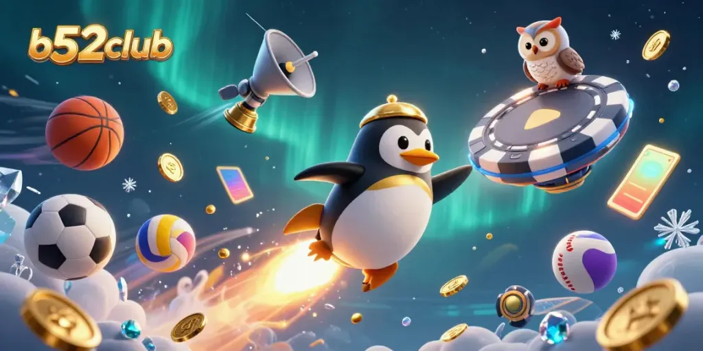 Explore thrilling gameplay in the vibrant b52club with a dynamic penguin on a space journey surrounded by golden coins.