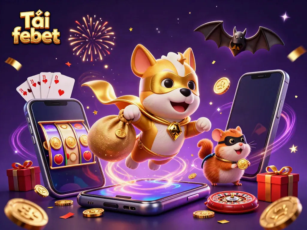 Engage your game with Tải febet, featuring a superhero dog and hamster amidst vibrant casino elements.