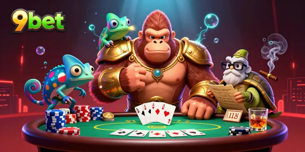 Experience excitement at 9bet with a vibrant casino scene featuring a gorilla king and chameleon, showcasing casino elements.