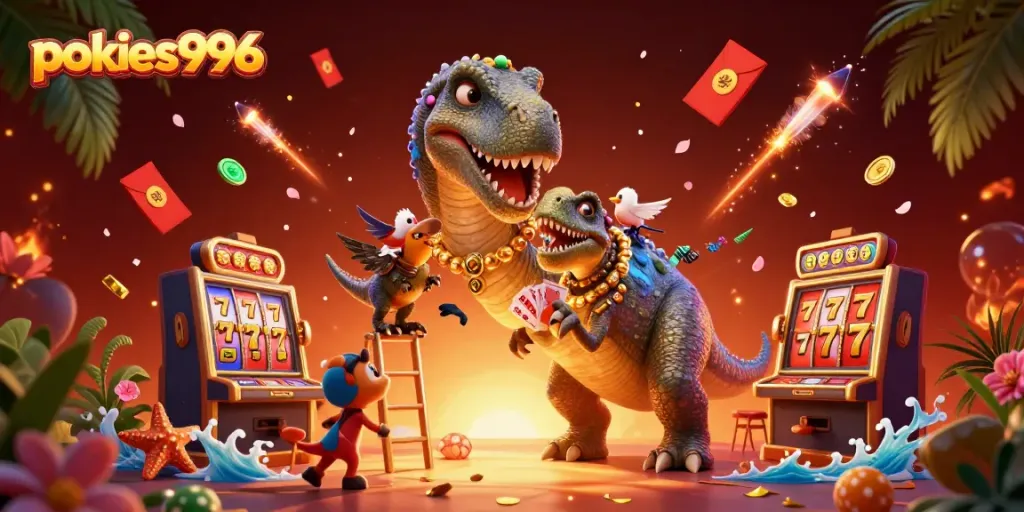 Experience pokies996 excitement with a vibrant illustration featuring a brontosaurus, ace raptor dealer, and dynamic gaming elements.