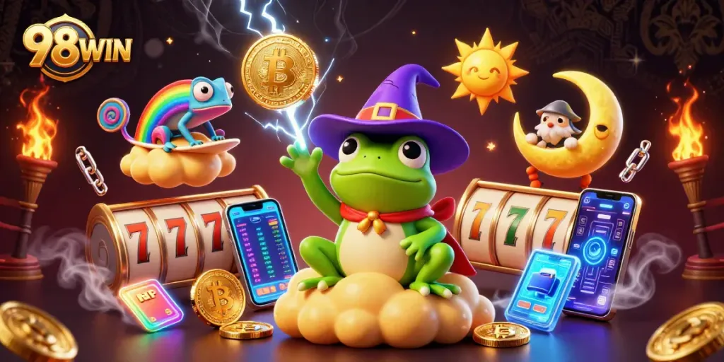 Engage with 98WIN as a vibrant casino experience featuring slots, golden coins, and lively characters.