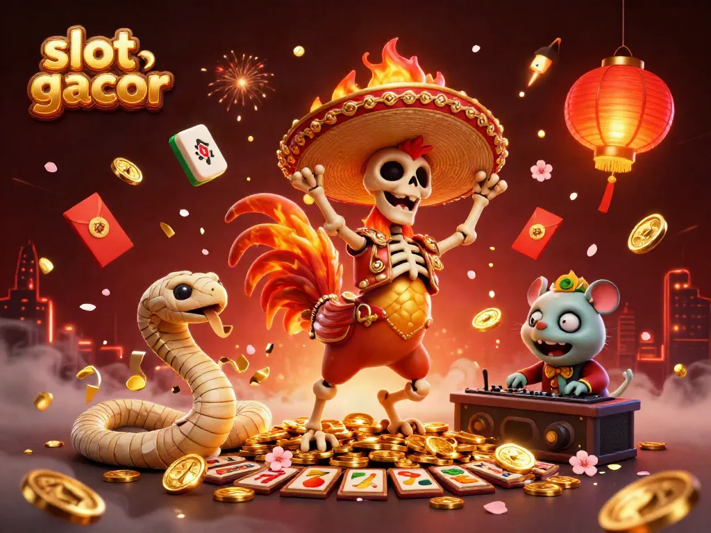 Slot gacor dengan skeleton mariachi bahagia dalam ilustrasi kasino yang penuh warna