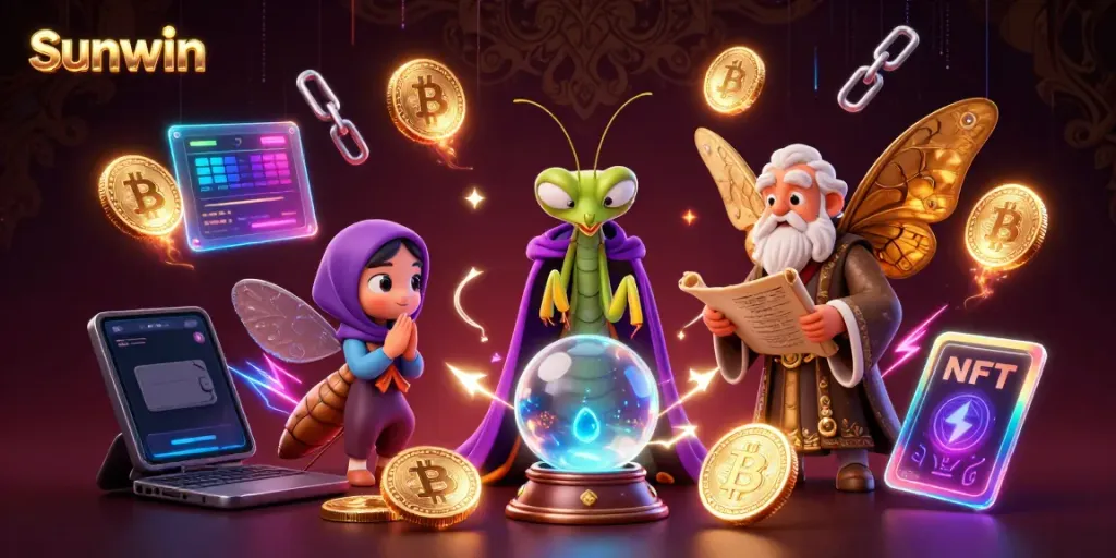 Experience fortune telling with Sunwin in a vibrant casino atmosphere bursting with 3D characters and glowing crypto elements.