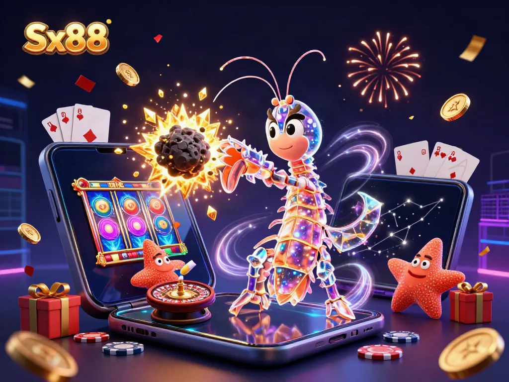 Sx88 engages players with vibrant slot games and thrilling winnings in an energetic casino-themed illustration