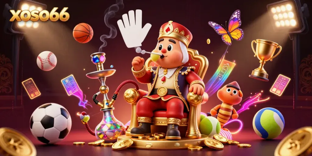 Experience xoso66's dynamic gaming scene with vibrant casino elements and energetic characters.
