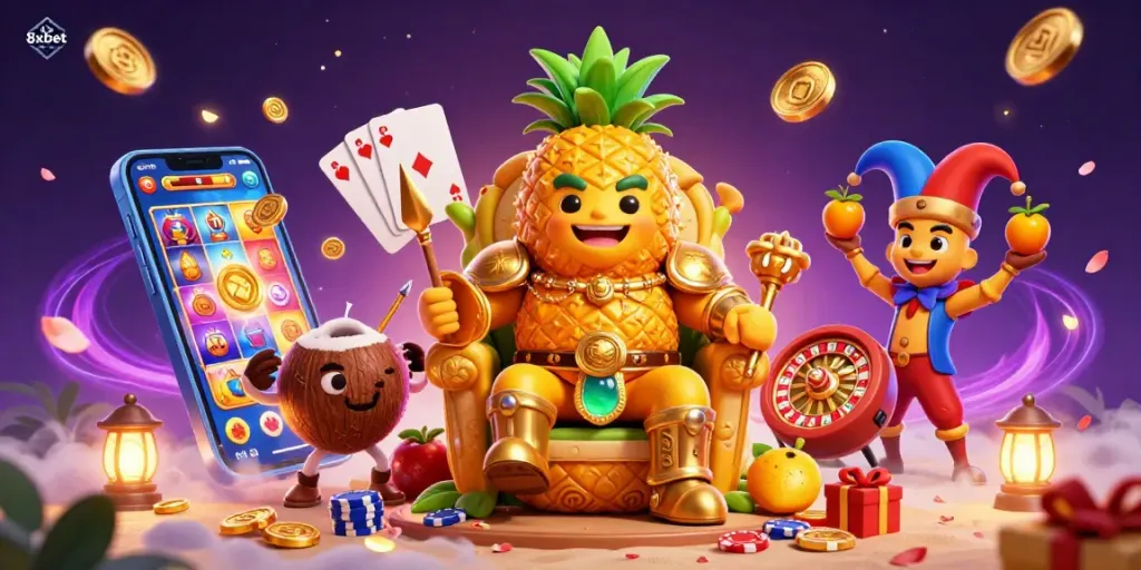 Engage with 8xbet's vibrant casino world, highlighted by rich illustrations of a pineapple king and energetic gambling elements.