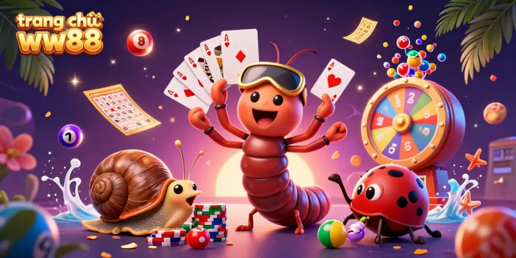 Experience excitement at trang chủ ww88 with a vibrant cartoon casino scene featuring dynamic gaming elements.