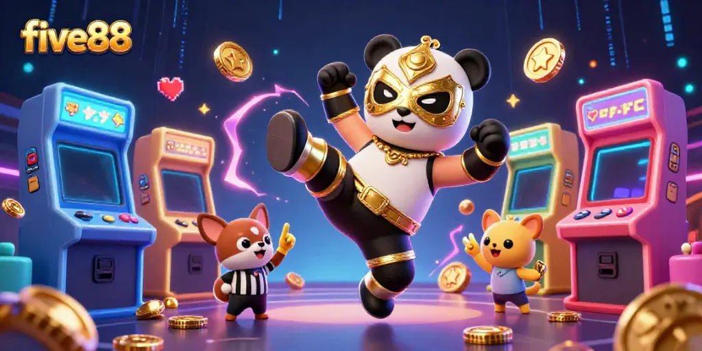 Experience the excitement of five88 with a vibrant 3D scene of a flying panda wrestler and cheering animals.