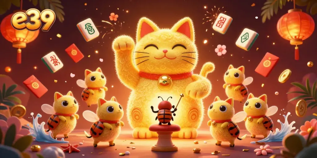 This vibrant illustration showcases the e39 lucky cat in a lively casino setting with dynamic casino elements.
