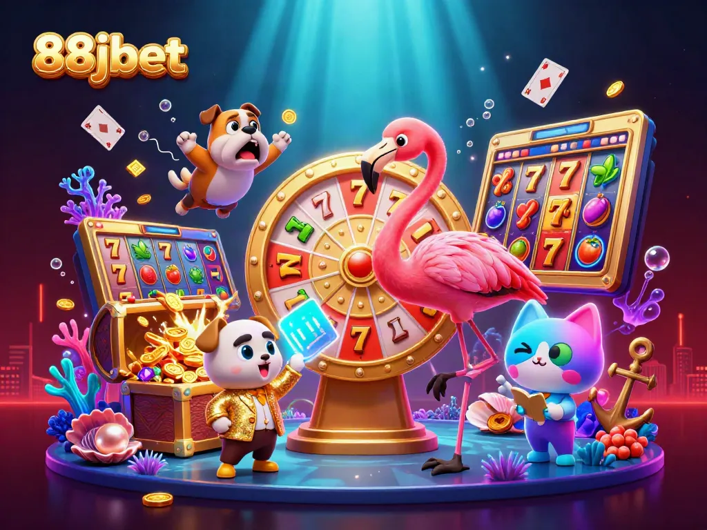 Engage with 88jbet's thrilling slots and jackpots in this vibrant 3D scene featuring a game show theme.