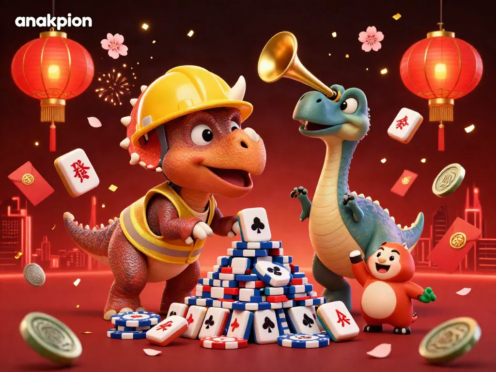 Anakpion's lively 3D casino scene with a triceratops building poker chips and celebrating companions filled with action and fun.