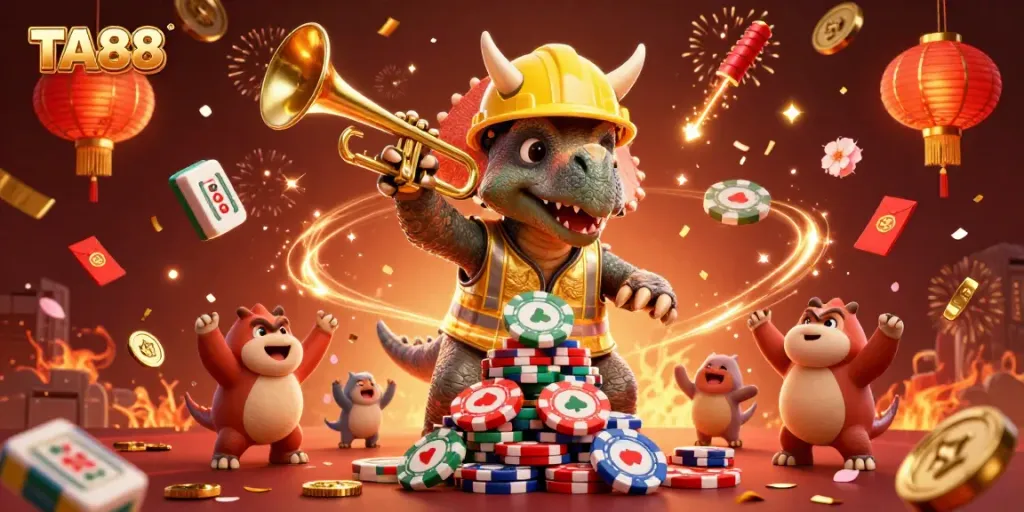 Experience excitement at TA88 with a triceratops building poker chip pyramids, colorful casino celebrations.