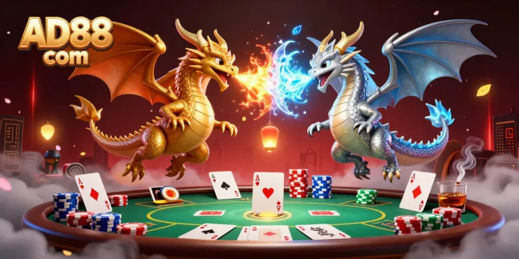Engage in thrilling adventures at AD88 com with poker action featuring intertwining dragons.