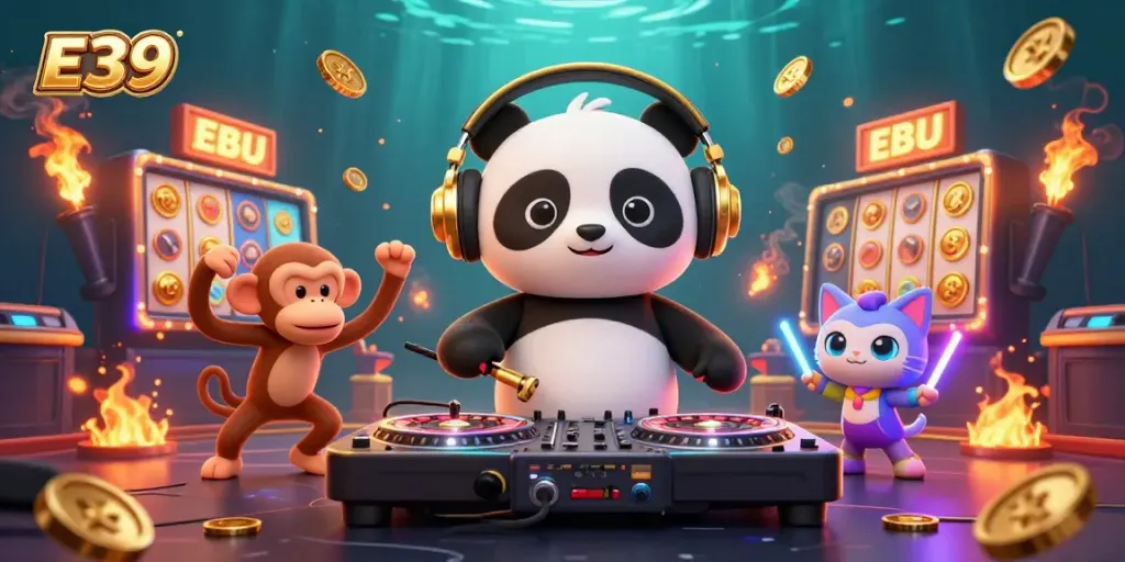 Engage with E39's thrilling jackpots through a vibrant cartoon scene with a DJ panda, dancing monkey, and colorful slots.