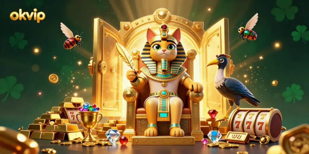 Play and win with okvip in this vibrant 3D casino scene featuring treasures and Egyptian elements.