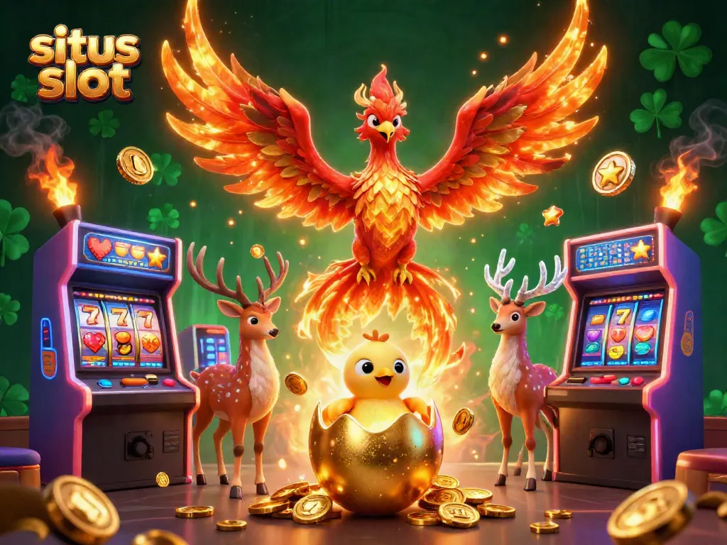 Engage with situs slot excitement in this vibrant 3D illustration filled with casino elements.
