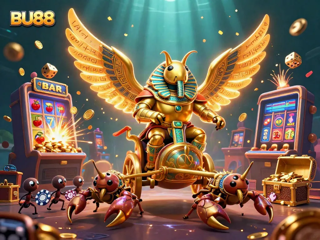 Experience the vibrant BU88 action with a colossal golden scarab beetle and jackpot elements in a dynamic casino scene.