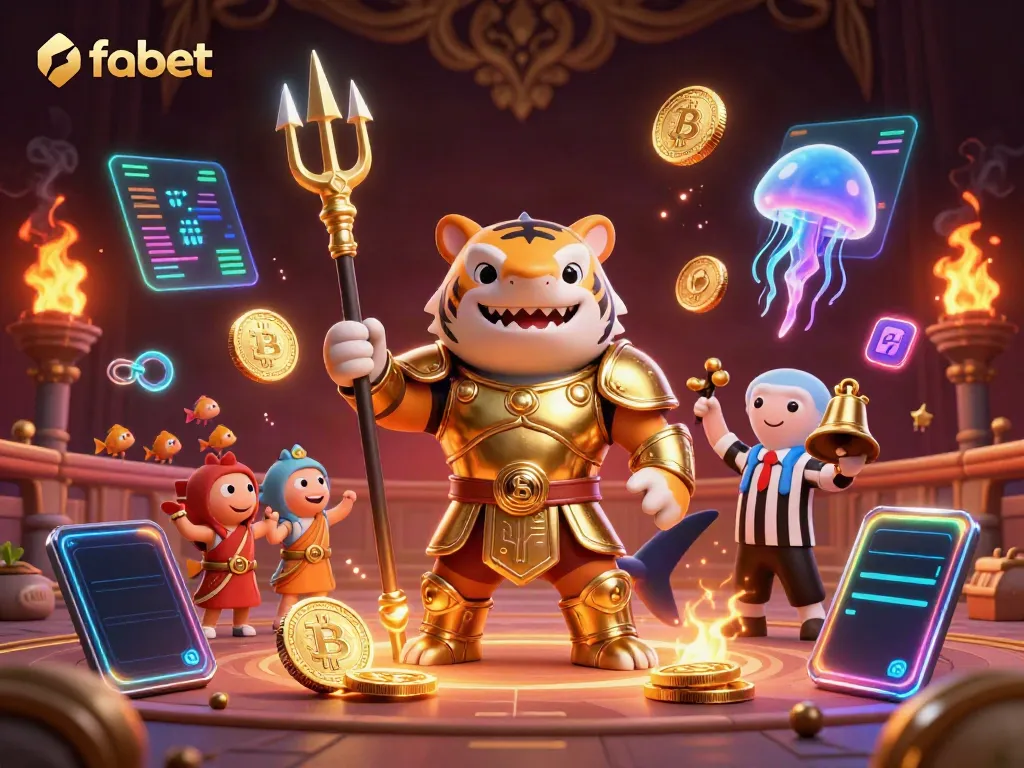 Engage in thrilling gameplay at fabet with an underwater battle scene featuring gold armor and crypto elements.