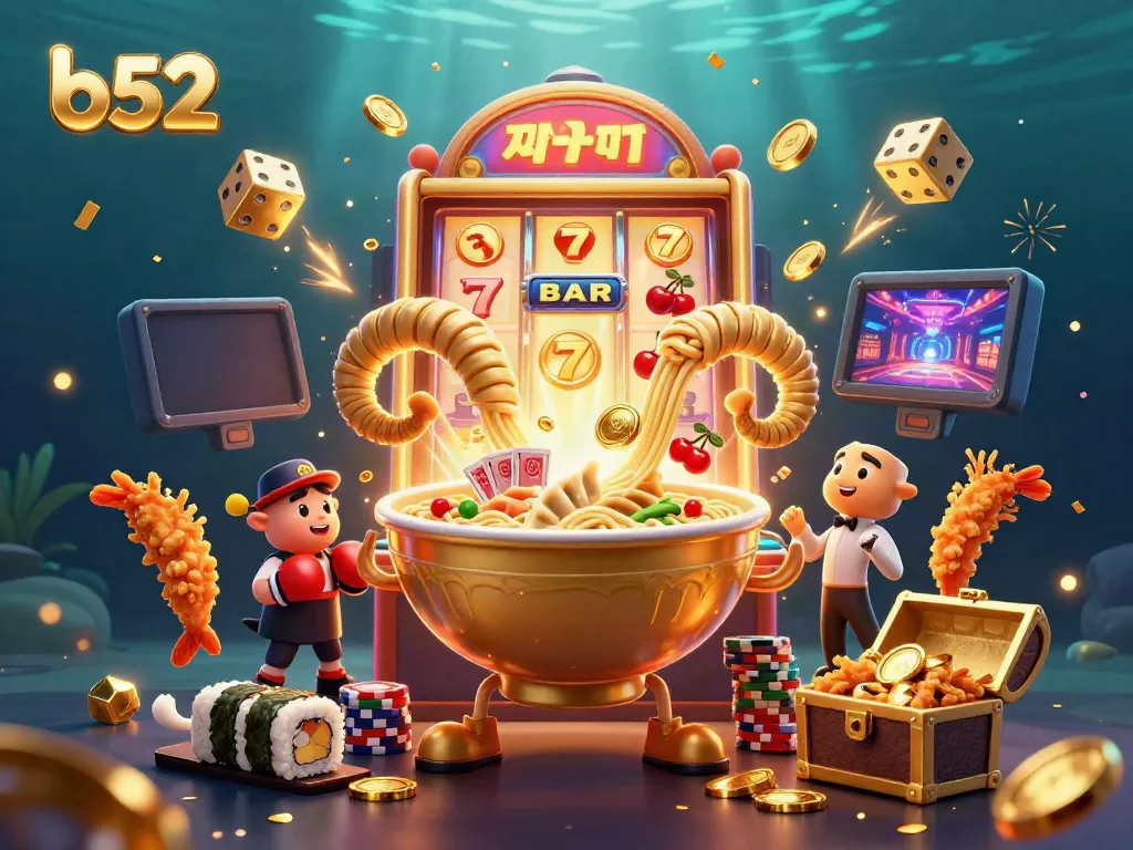 Engage in thrilling gameplay with b52 in a vibrant 3D casino scene featuring colorful characters and game elements.