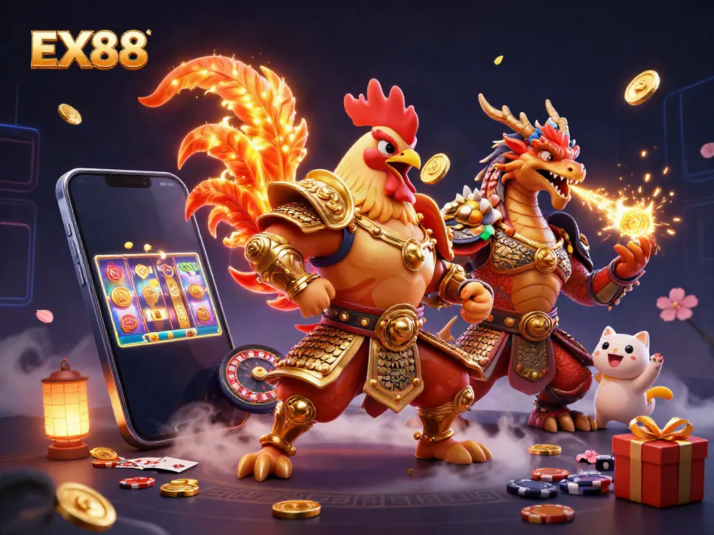 Experience the excitement of EX88 with vibrant casino characters in this dynamic 3D illustration.