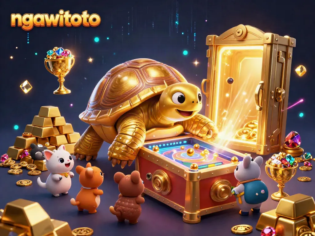 Menangkan permainan di ngawitoto dengan karakter kartun emas dan mesin pinball yang penuh gemerlap.