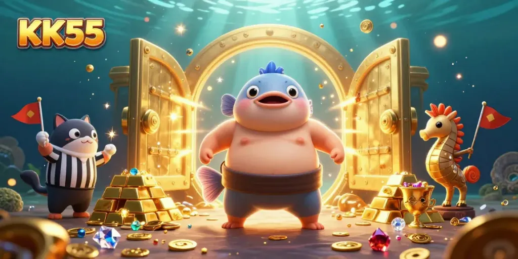Experience the thrill of KK55 with a vibrant underwater casino scene showcasing detailed characters and gold treasures.