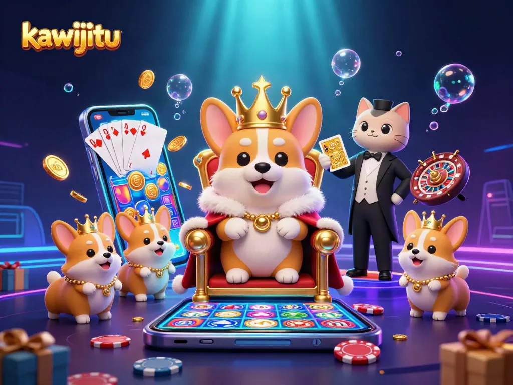 Kawijitu menyediakan pengalaman kasino digital dengan corgi kerajaan yang bermahkotakan, menghibur pemain dengan kartu emas dan slot permainan yang berwarna-warni.
