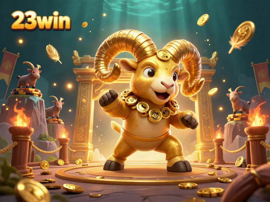 Engage with exciting action at 23win featuring a golden ram amidst a dynamic casino scene.