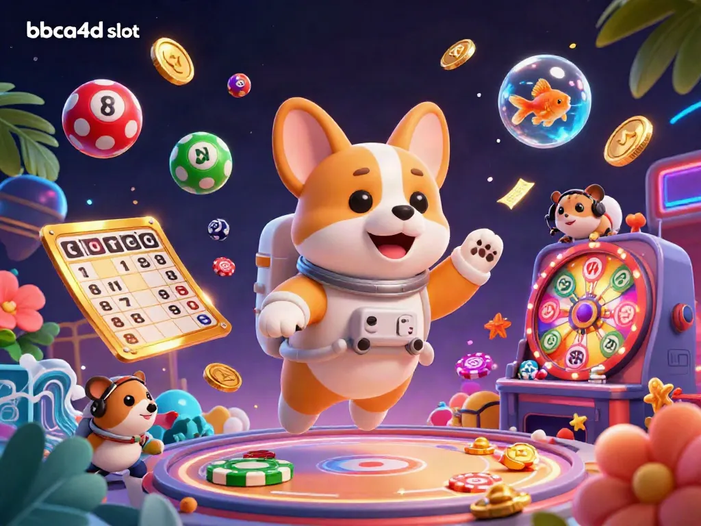 Visualisasi menarik dari karakter corgi astronaut dan hamster dalam kasino luar angkasa, menampilkan permainan slot bbca4d slot dengan elemen ceria.
