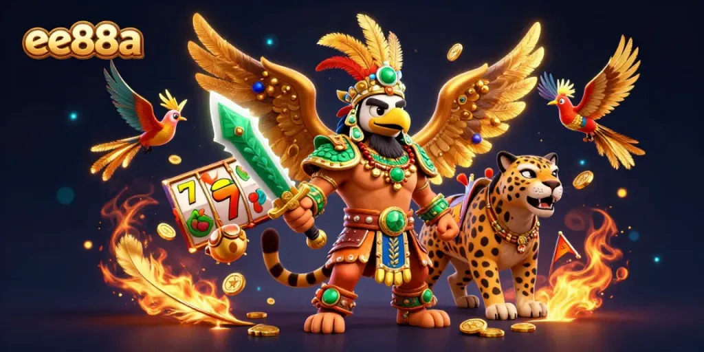 Experience the excitement of ee88a casino with dynamic Aztec warriors and vibrant slot game symbols.