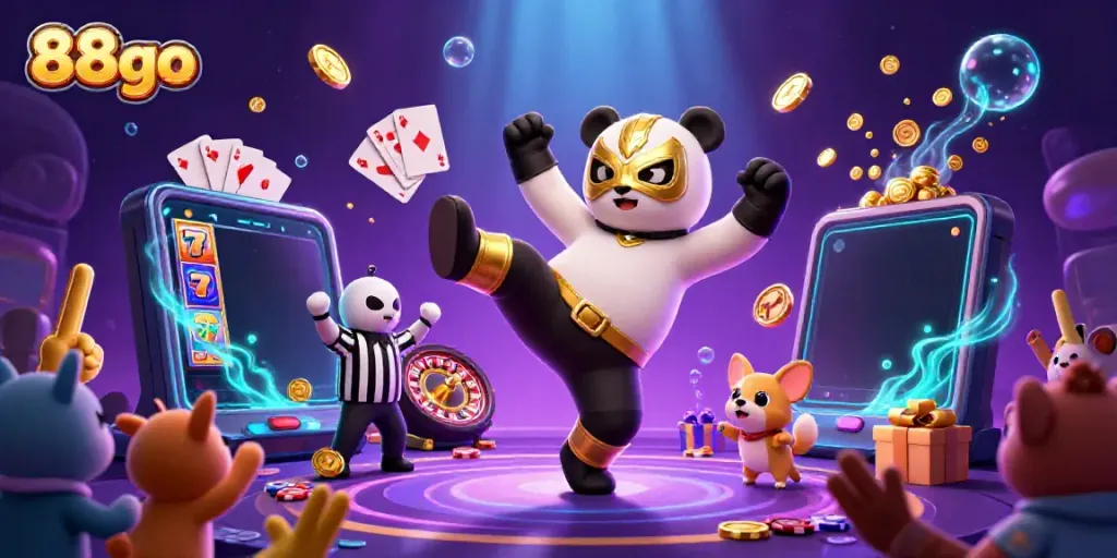 88go showcases a dynamic casino scene with a panda wrestler and a referee amidst thrilling slot games and cheering animals.